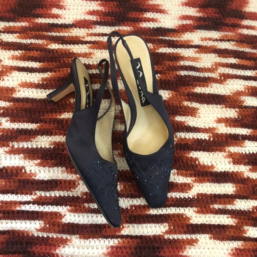Coquette Fairy Dark Navy Blue pumps slingback mules pointed square toe heels - Picture 5 of 8